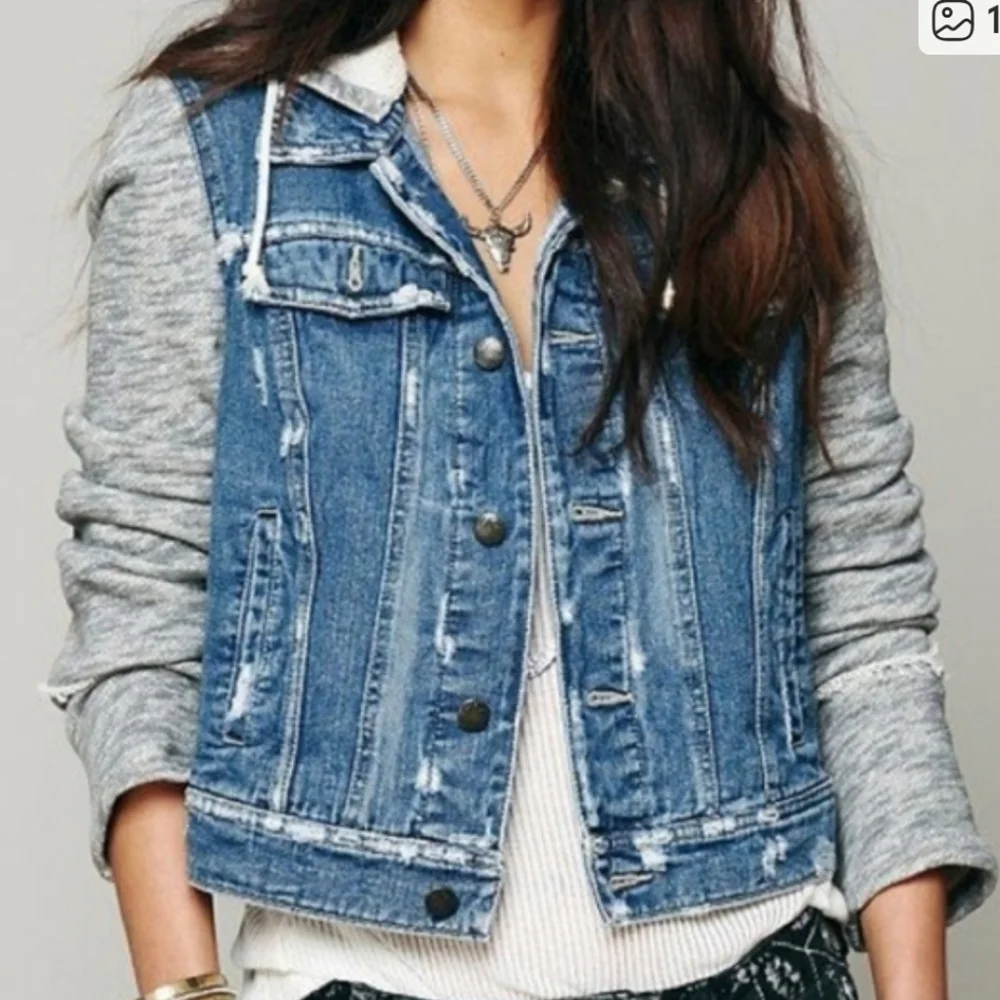 Free People Distressed Denim & Knit French Terry Hoodie Jacket,Blue/Gray, Size L